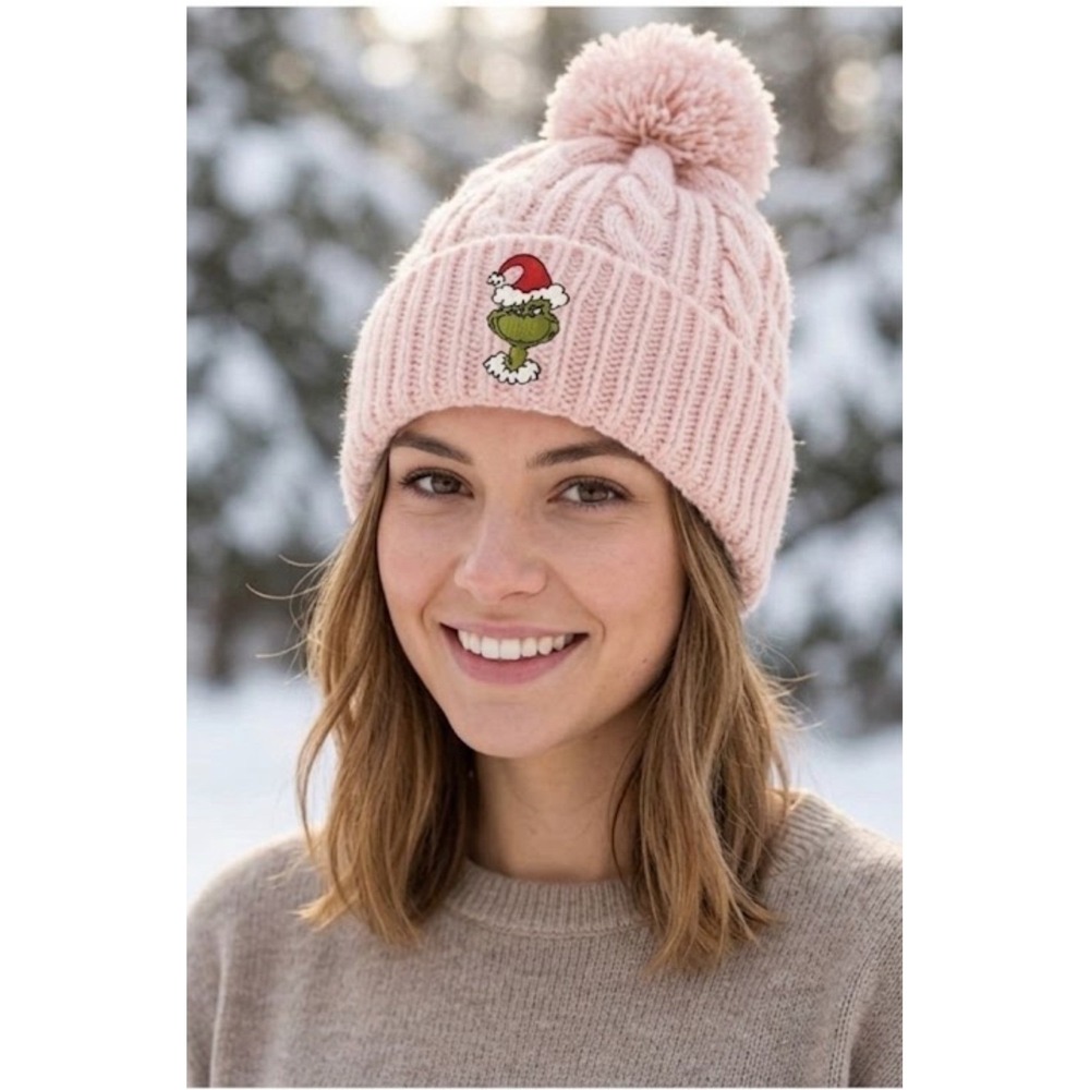 American Eagle Grinch Dusty Pink Cable Knit Winter Beanie Hat Christmas OS